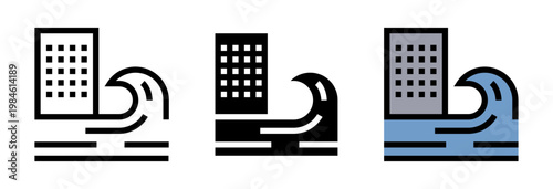 Conjunto de iconos de cambio climático. Ciudad afectada, inundación urbana, impacto ambiental, desastre natural, crisis ecológica. Ilustración vectorial