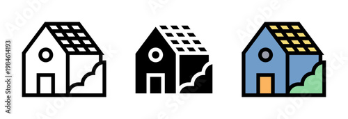 Conjunto de iconos de vivienda ecológica. Hogar sostenible, energía solar, eficiencia energética, casa verde, arquitectura responsable. Ilustración vectorial
