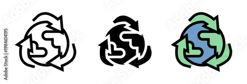 Conjunto de iconos de reciclaje. Planeta sostenible, economía circular, cuidado ambiental, reutilización global, conservación ecológica. Ilustración vectorial