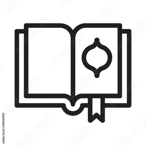 Simple black and white line drawing of an open book with a bookmark