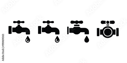 Four black and white icons of dripping faucets and a camera are shown.