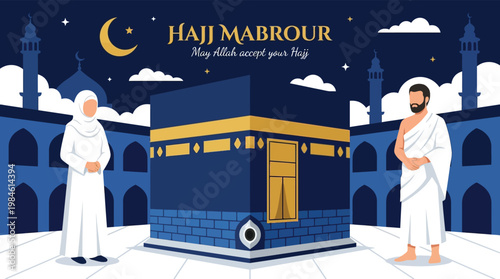 Islamic Hajj Mabrour Greeting Illustration with Kaaba and Pilgrims in Mecca Mosque Night Vector Design