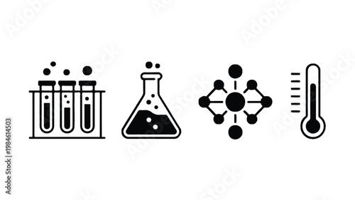 Simple 2D illustration shows science lab equipment with test tubes beaker atomic structure and thermometer