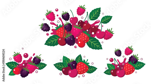 Fresh Summer Berries Vector Set Featuring Strawberry Raspberry Blackberry and Cherry with Juice Splashes for Healthy Food Design