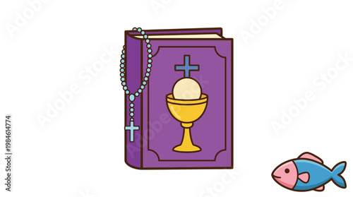 Catholic Holy Bible with Rosary Chalice and Fish Illustration for First Communion and Religious Education Projects
