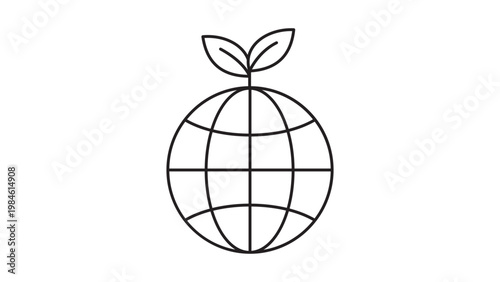 Eco-friendly globe vector icon with leaves, minimalist black line illustration of earth for sustainability and environmental conservation, clean outline graphic on white background, scalable art.