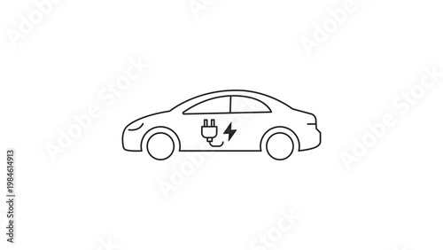Photos Electric car minimalist black line vector icon illustration, side view EV with plug and lightning bolt symbol for sustainable transportation, clean scalable outline design on white background