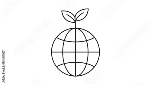 Photos Eco-friendly globe vector icon with a growing sprout, minimalist black line art illustration of Earth and leaves representing sustainability, environmental conservation, and global green energy