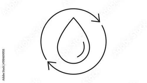 Minimalist black line vector icon of a water drop inside a circular recycling arrow symbol, representing water conservation, sustainability, and eco-friendly resource management on white.