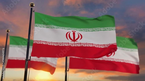 Three Iranian flags waving at sunset, symbolizing national pride, unity, and cultural identity against a warm glowing sky with motion and symbolism.