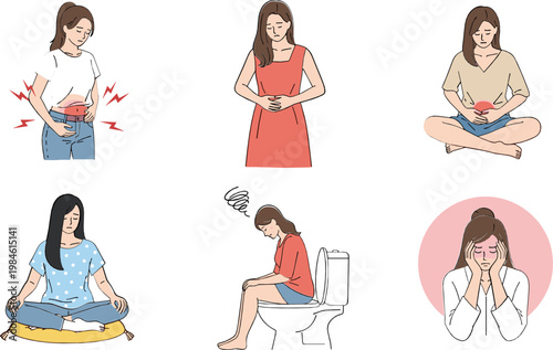 Women Experiencing Stomach Pain and Cramps in Different Poses Vector Set, Depicting Discomfort in Various Situations Including Sitting and Resting