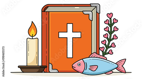Holy Bible with Cross Candle and Fish Symbol Vector Illustration Christian Religious Concept Graphic