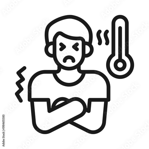 A vector graphic illustration of a man feeling unwell with a fever and temperature