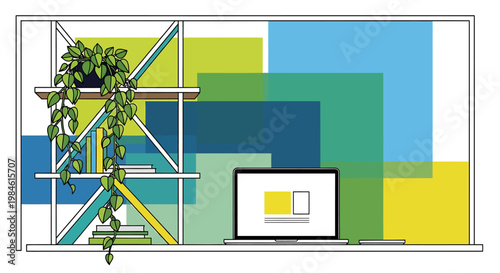 Modern Home Office Setup with Laptop, Books, and Potted Plant on a Shelf with Colorful Geometric Overlays