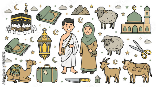 Hajj and Umrah Pilgrimage Flat Illustration Set with Muslim Pilgrims Kaaba Mosque and Eid al Adha Sacrifice Animals