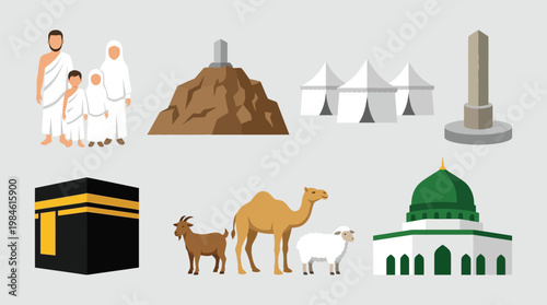 Islamic Hajj and Umrah Pilgrimage Icons Set featuring Kaaba Mecca Medina Prophet Mosque Family in Ihram and Sacrificial Animals