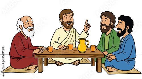 Cartoon Illustration of Jesus Christ Sitting at Table with Disciples for Christian Education and Bible Study