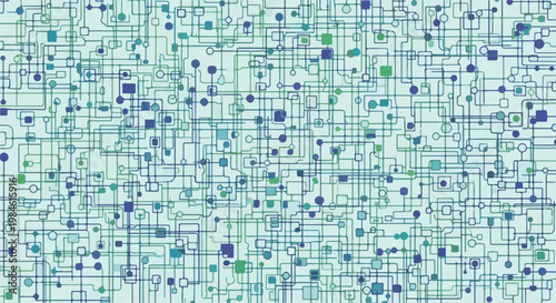 Abstract circuit network pattern with interconnected nodes and lines