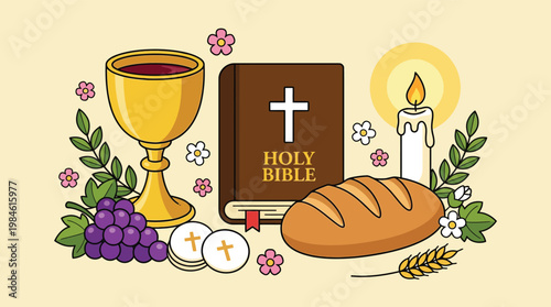 Christian Religious Symbols Vector Illustration of Holy Bible Golden Chalice Bread Wine Grapes and Lit Candle for Worship