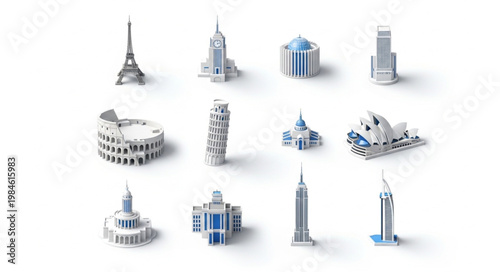 Collection of famous miniature architectural landmarks on white background.