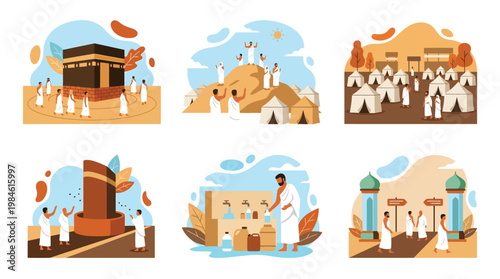 Islamic Hajj and Umrah Pilgrimage Rituals Collection Flat Vector Illustration Set with Kaaba and Pilgrims