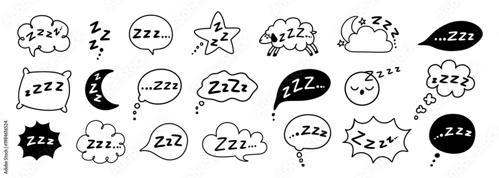 Fototapeta premium Sleep zzz. Snore sound icon. Doodle bubble speech, emoji, cloud, sleeping elements. Snooze nap, rest, bedtime, sleepy and relax symbols. Hand drawn line vector set