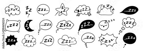 Sleep zzz. Snore sound icon. Doodle bubble speech, emoji, cloud, sleeping elements. Snooze nap, rest, bedtime, sleepy and relax symbols. Hand drawn line vector set