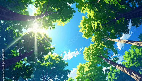 Luminous beams across verdant boughs under open firmament. Airy composition featuring clouds beside towering trunks. Refreshing natural artwork for lifestyle campaign visuals