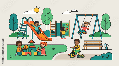 Children Playing Happily on Outdoor Playground with Slide and Swings, Flat Line Art Illustration