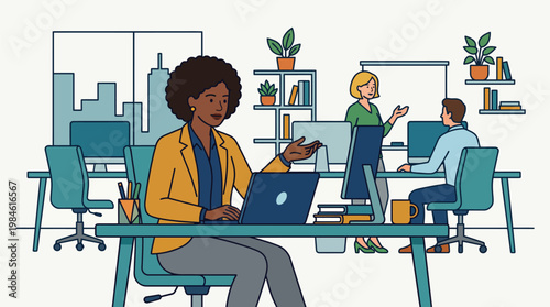 African American Woman Working on Laptop in Modern Office