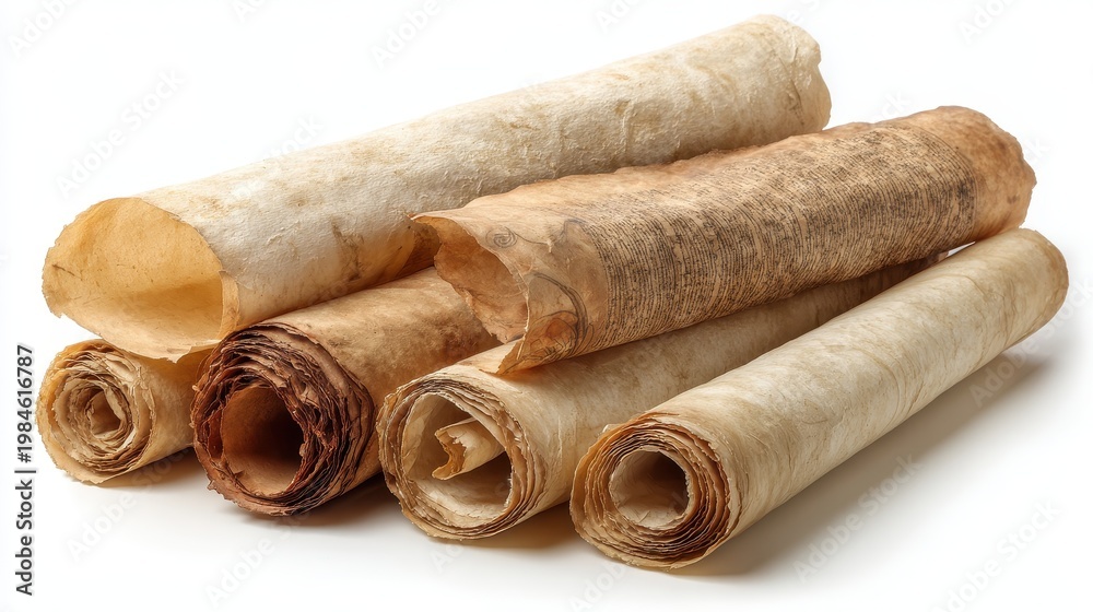Fototapeta premium Vintage parchment scrolls on a clean white background with aged texture and curled edges