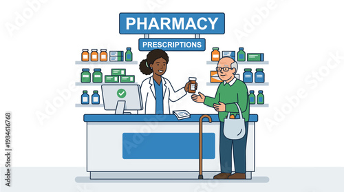 Pharmacist handing prescription to senior man at pharmacy counter