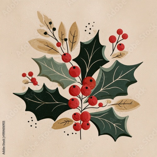 Vintage-inspired holly motif with red berries and green leaves