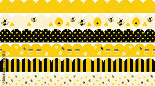 Bumble Bee Theme Decorative Border Set with Honeycombs Jars and Floral Patterns for Graphic Design and Scrapbooking