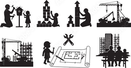 Black and white of people working in various industrial settings