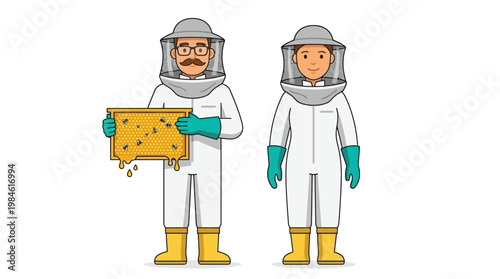 Professional Beekeepers in Protective Suits Holding a Dripping Honeycomb Frame with Bees Illustration
