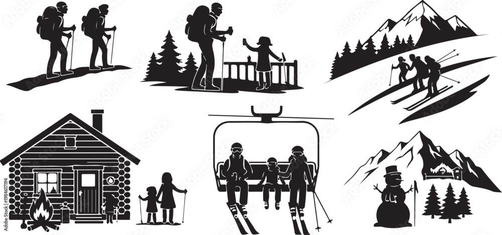 Fototapeta premium Black silhouette of people in various winter activities and settings