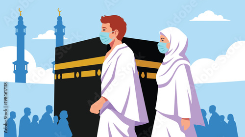 Muslim Couple Wearing Face Masks Performing Hajj Pilgrimage in Mecca Near Kaaba Vector Illustration