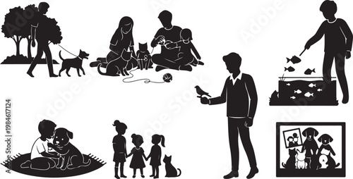 Black silhouette of family activities and work scenes