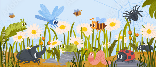 Insect background. Kid scene with bugs. Natural field scenery in grass with funny ladybug, spider, bee, worm, ant, caterpillar, dragonfly. Vector cute child insects concept