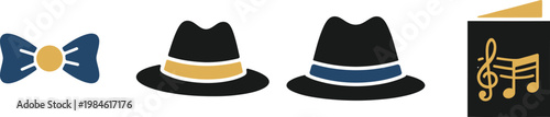 Colorful flat design icons of hats bowtie and musical instrument on white background