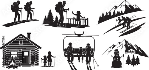 Black silhouette of people in various winter activities and settings