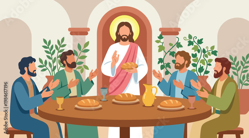 Biblical Scene of the Last Supper Illustration with Jesus Christ and Disciples Sharing Bread and Wine in Flat Vector Style
