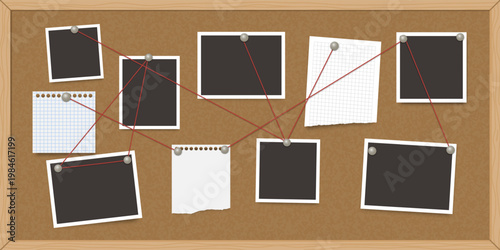 Notice board. Corkboard with notes. Office wood bulletin pinboard with paper stickers, frame, pinned memo sheets, message, post. Vector template background