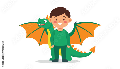 vector Cute Boy Dressed as a Green Dragon with Orange Wings