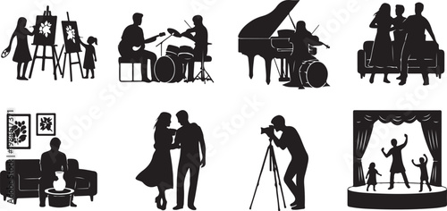 Black silhouette scenes of people working and socializing in office and outdoor settings