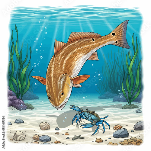 Redfish hunting blue crab in shallow water habitat vector illustration,