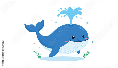 Cute Blue Whale Spouting Water Cartoon Illustration.