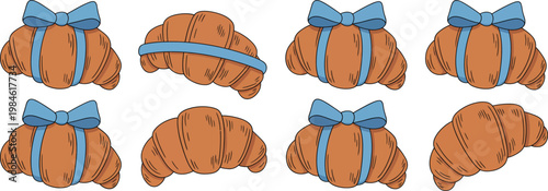 Croissant vintage vector set, French croissant illustrations decorated with ribbons and bows, hand drawn coquette pastry style with girly aesthetic breakfast club theme, elegant bakery food elements, 