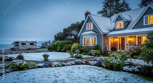A picturesque seaside home covered in snow, with a parked RV nearby, reflecting a wintery scene under a cloudy sky